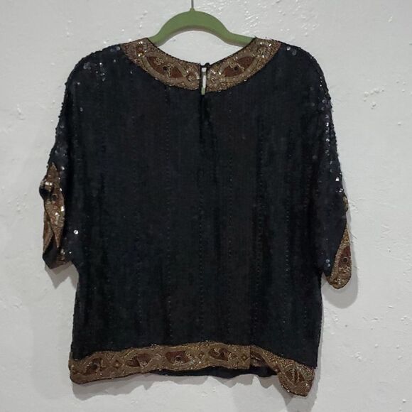 Vintage Sequin & Embroidered Silk Top with Dolman Sleeves by Justine Todd Size M - Picture 10 of 13